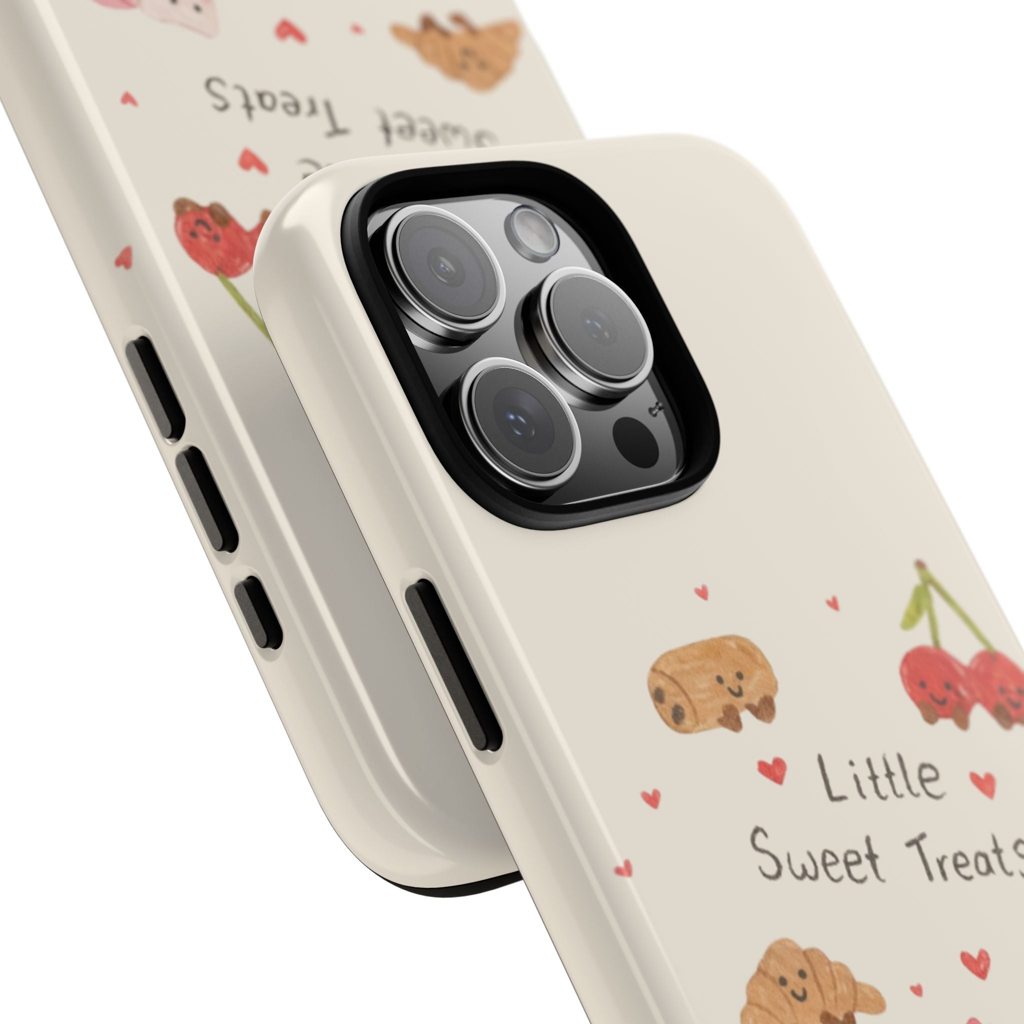 Diagonal close-up cream phone case showing camera cutout and side buttons; sketch with hearts