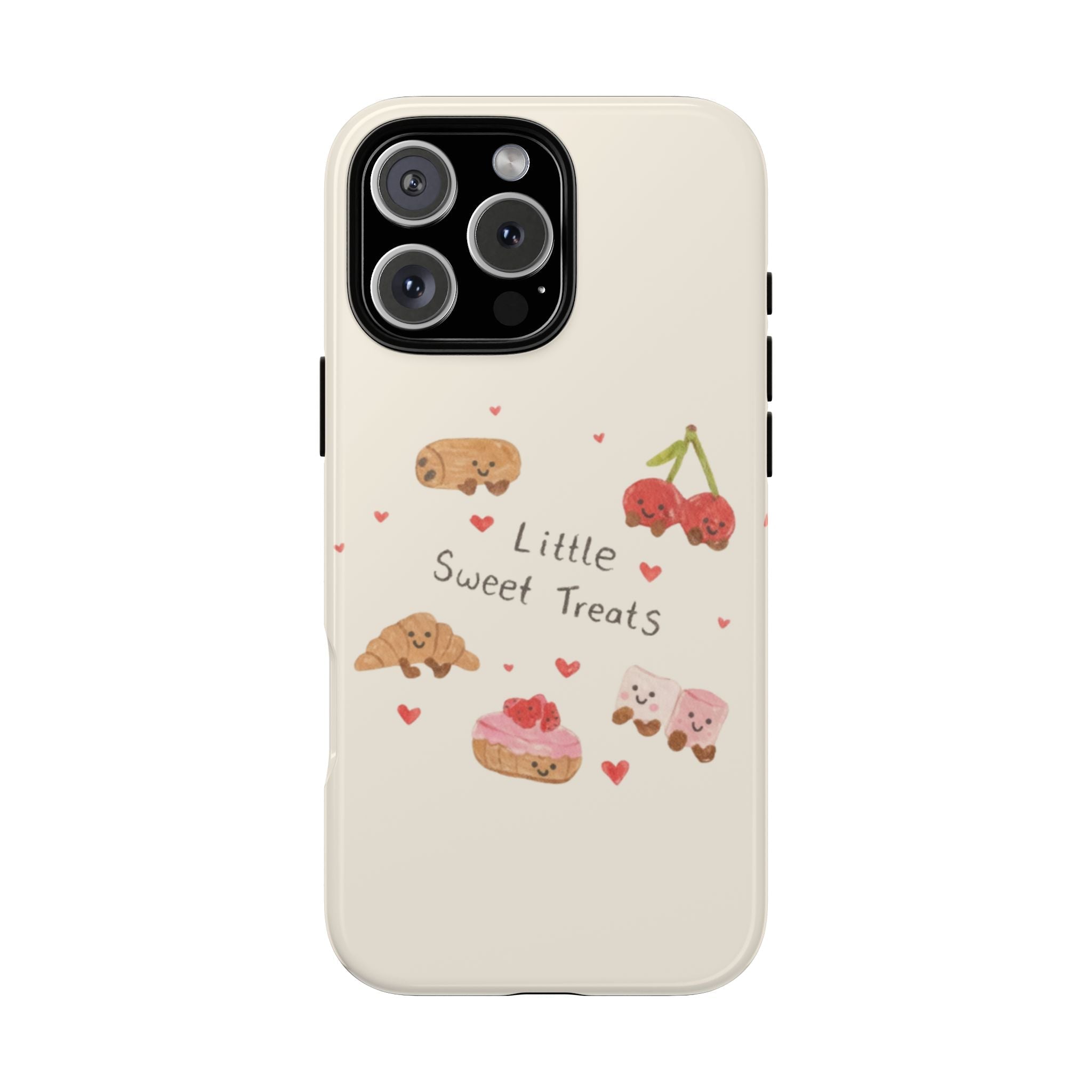 Cream phone case with cute “Little Sweet Treats” sketch, dogs, cherries and red hearts