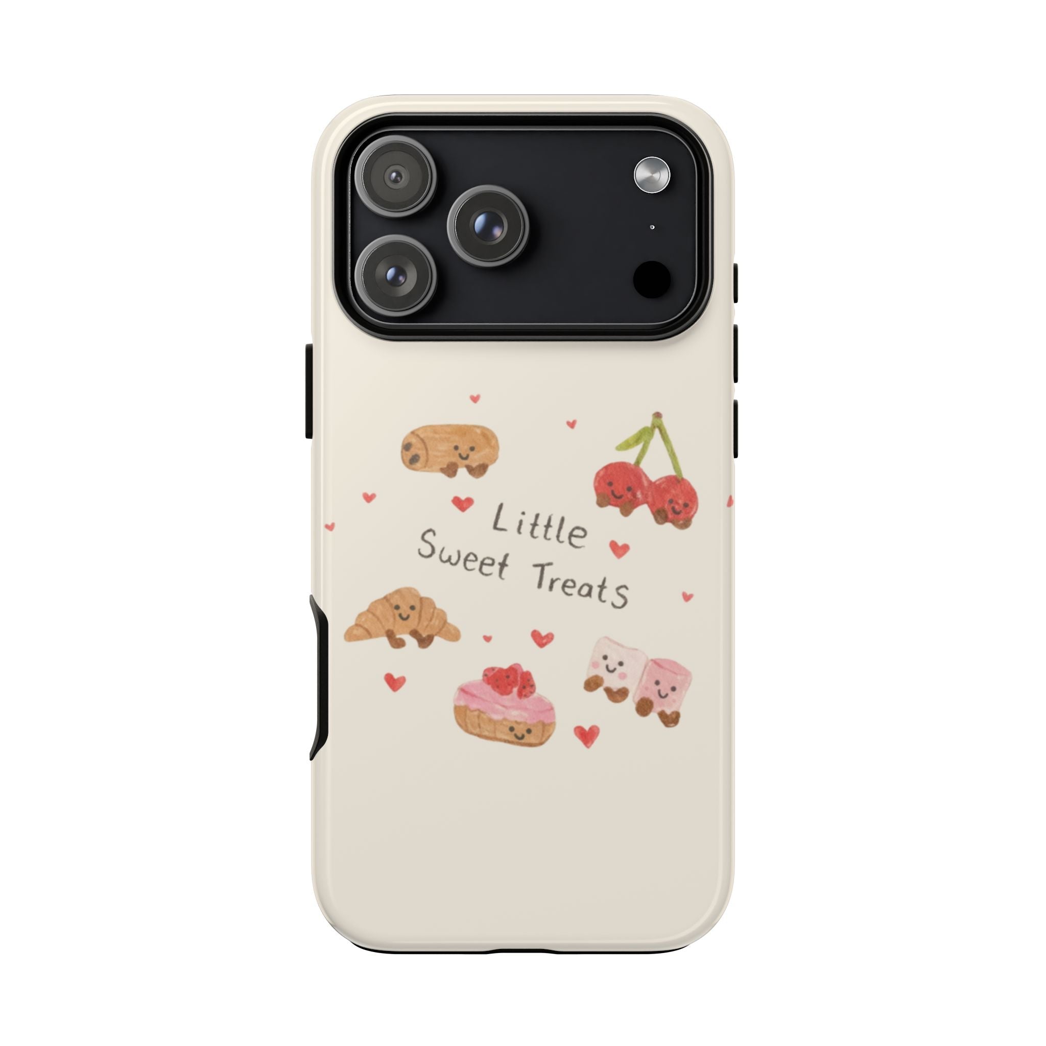 Front view cream phone case with “Little Sweet Treats” lettering and snack doodles with hearts