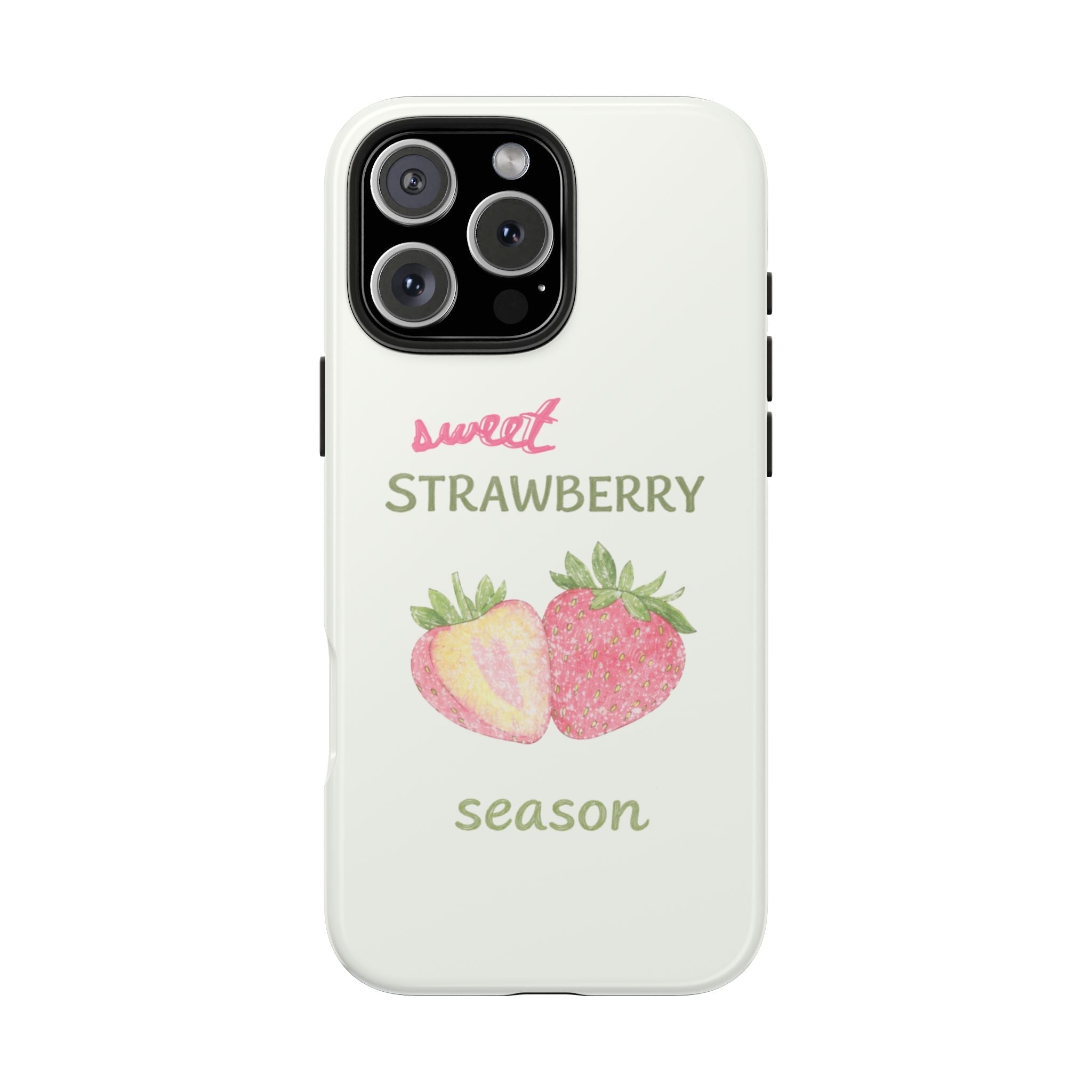 Cream smartphone case with sweet strawberry season wording and strawberry artwork