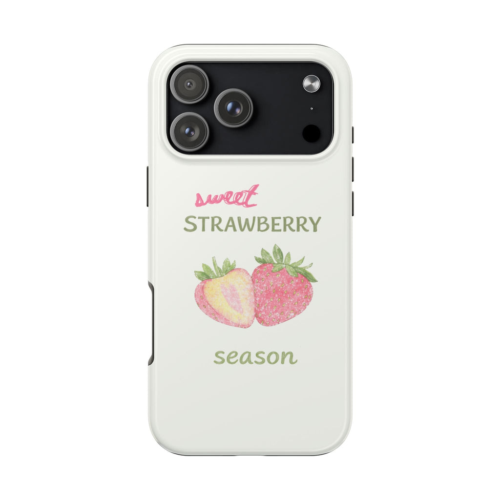 Cream phone case with sweet strawberry season text and strawberry illustration