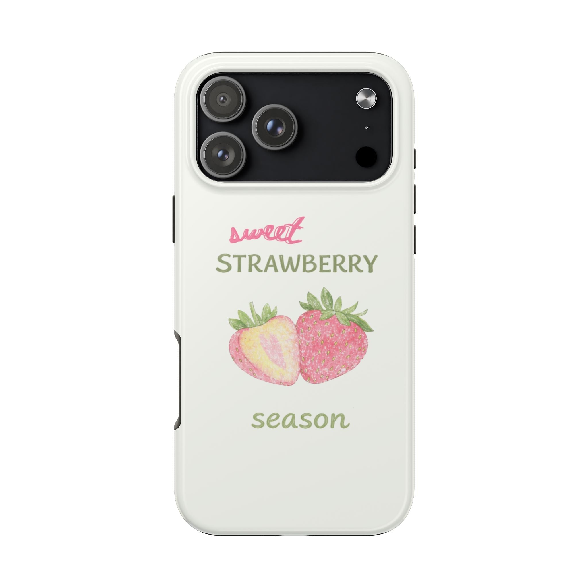 Cream phone case with sweet strawberry season text and strawberry illustration