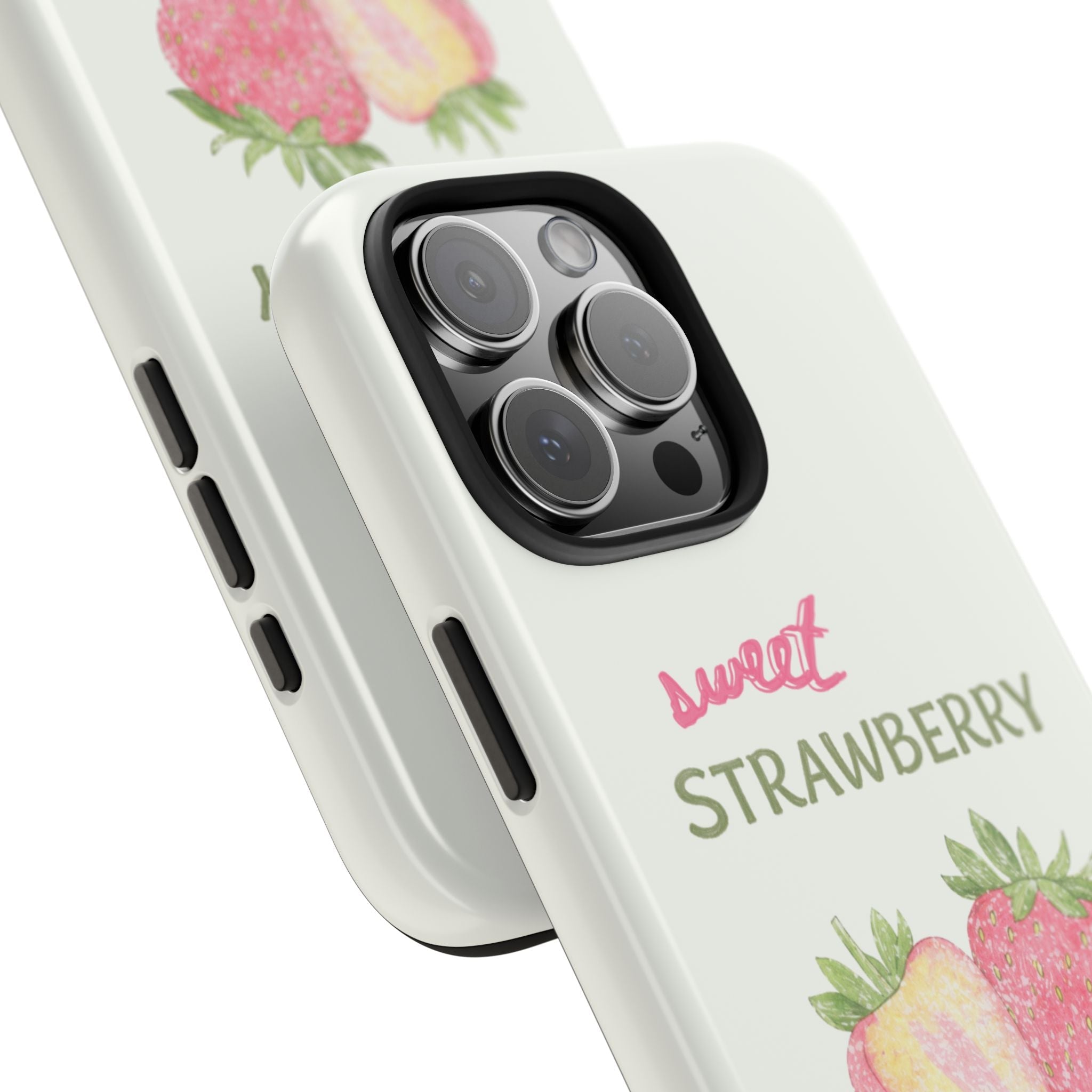 Strawberry season cream phone case showing camera cutouts and side buttons