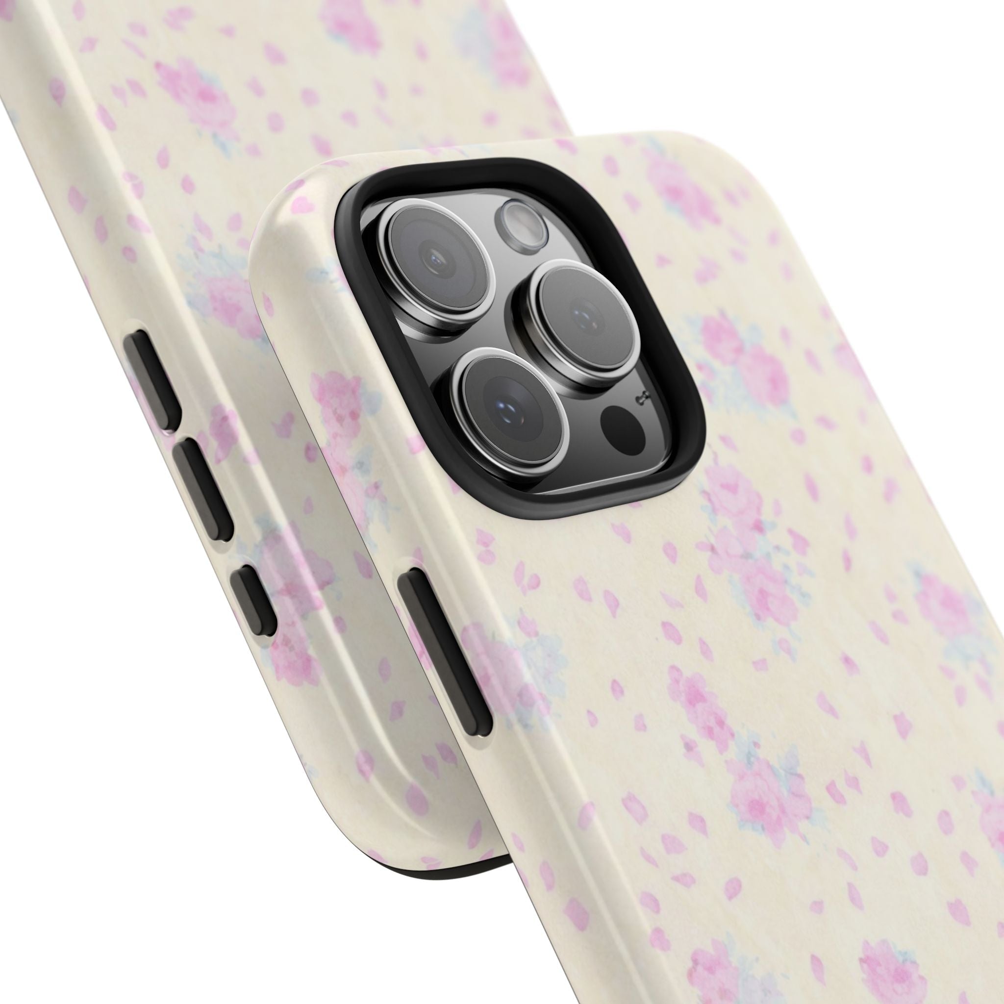 Cream floral phone case side profile with purple and pink blossoms, camera bump visible