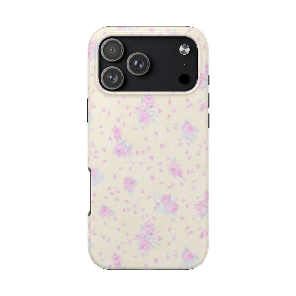 Cream floral phone case with purple and pink flower pattern and raised camera cutout