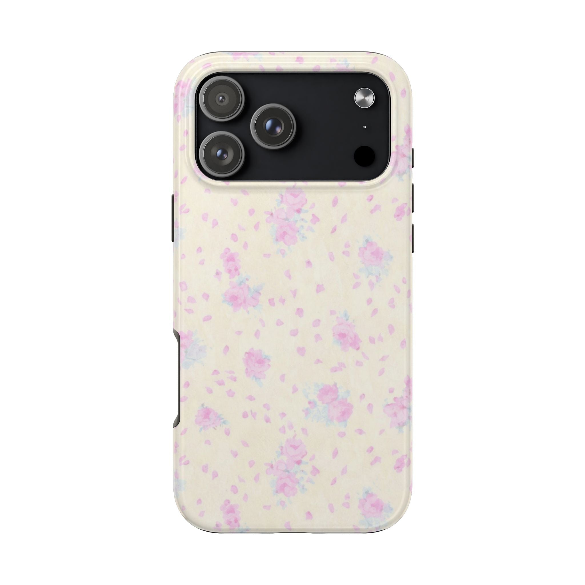 Cream floral phone case with purple and pink flower pattern and raised camera cutout