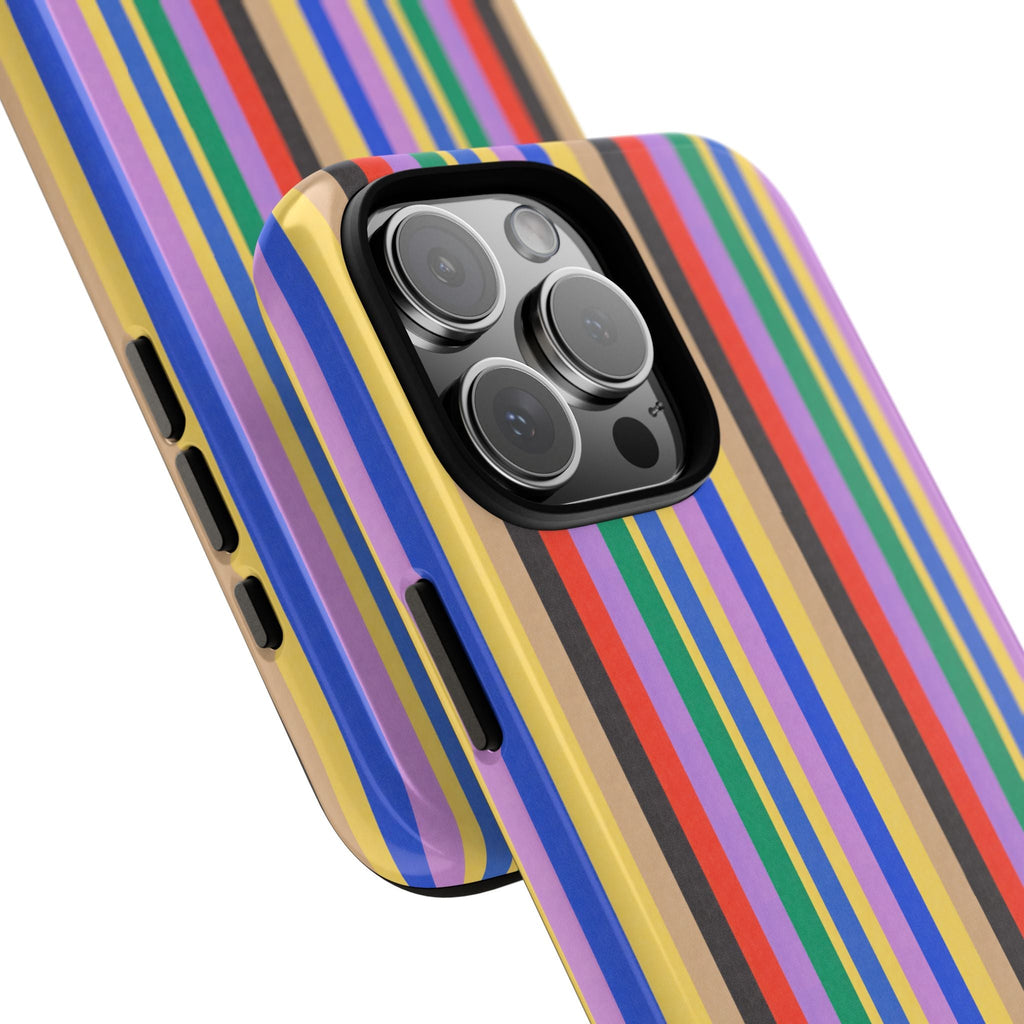 Lisbon striped phone case angled view, multicolor vertical stripes and camera cutout