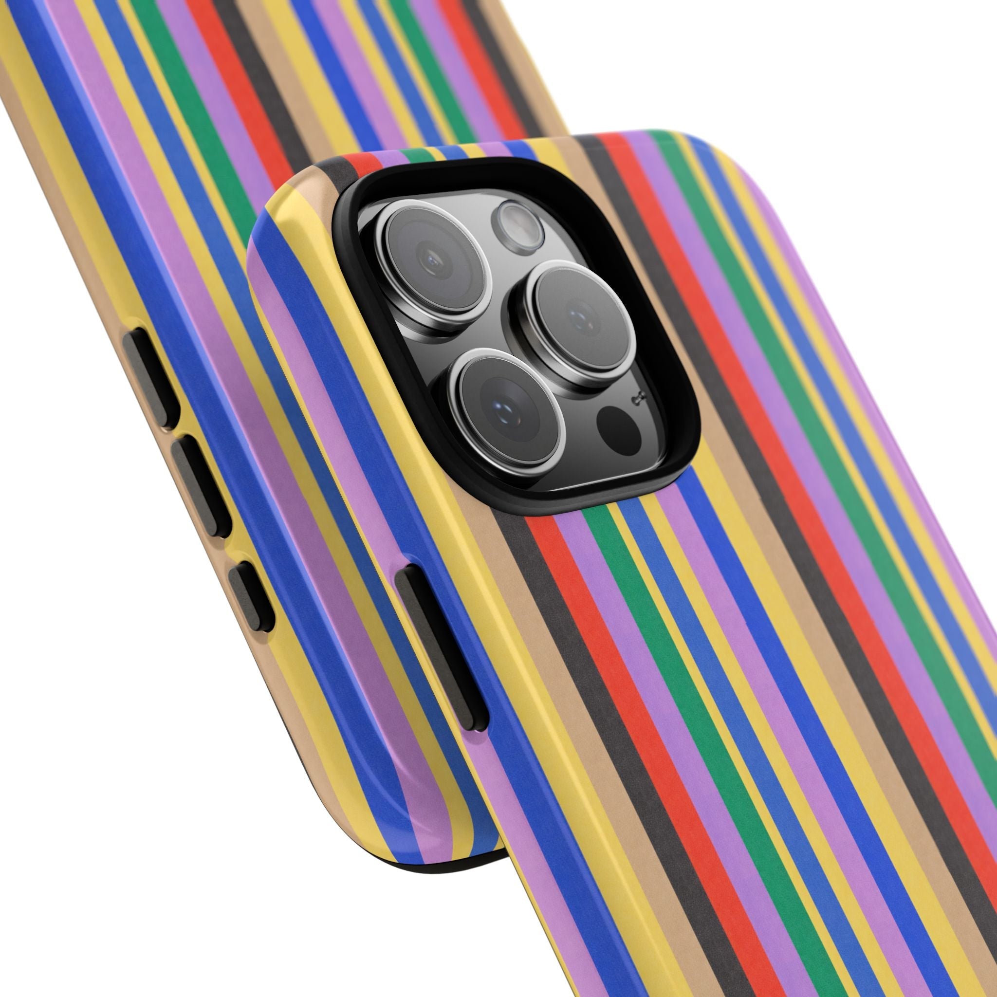 Lisbon striped phone case angled view, multicolor vertical stripes and camera cutout