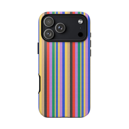 Lisbon striped phone case, vertical rainbow bands with raised camera lens cover