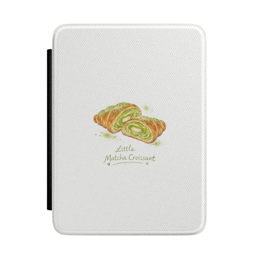 Little Matcha Croissant hardcover Kindle case, light gray textured cover with croissant