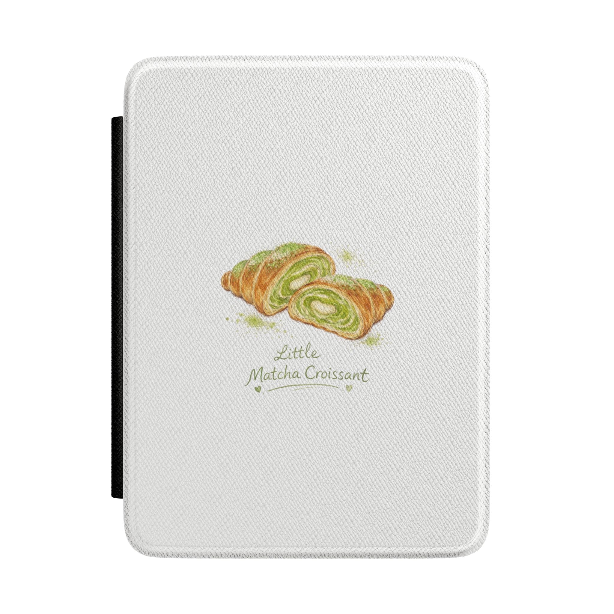 Little Matcha Croissant hardcover Kindle case, light gray textured cover with croissant