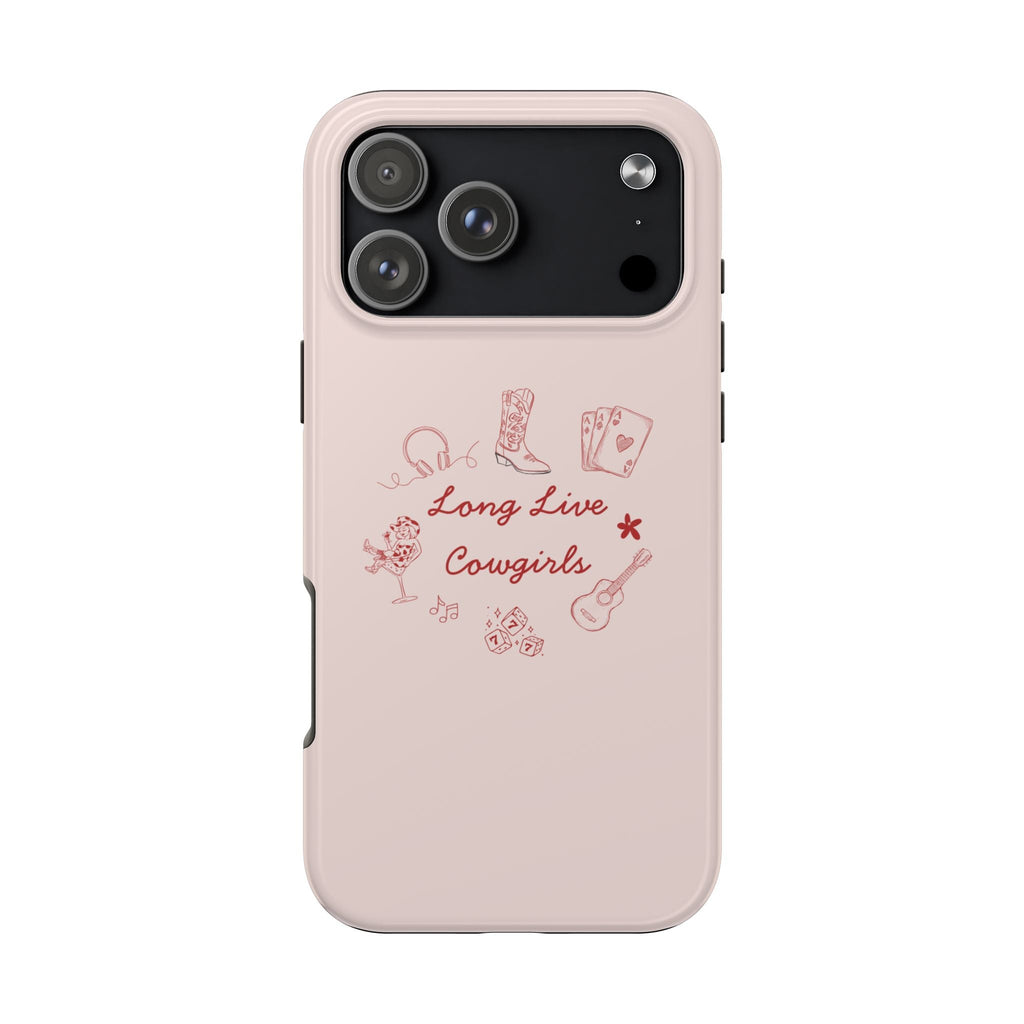 Pink phone case with red “Long Live Cowgirls” graphic, boots, cards, and guitar