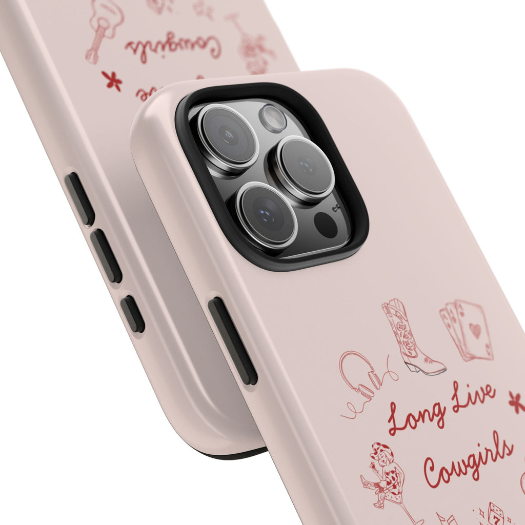 Light pink phone case close-up with camera cutout and red “Long Live Cowgirls” design