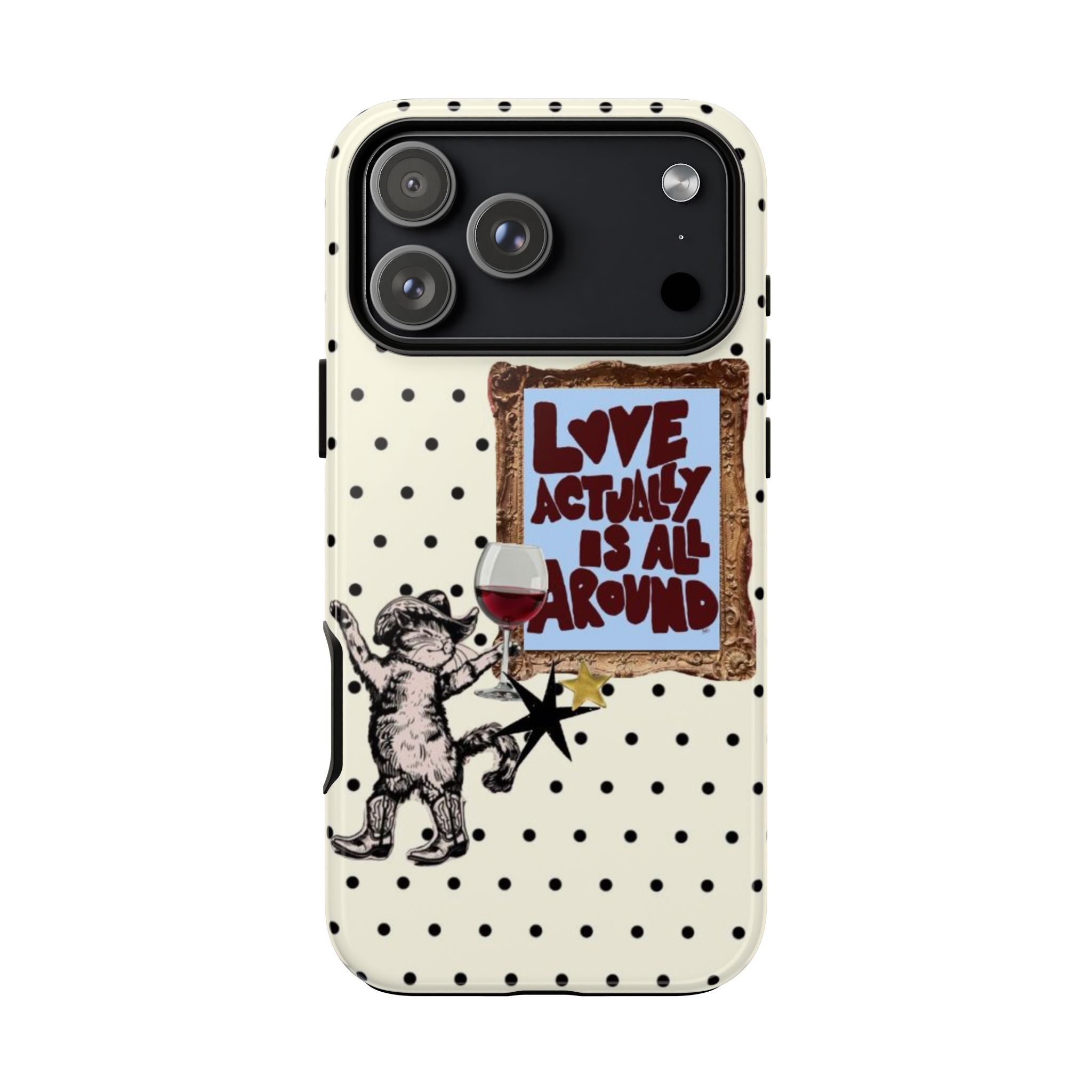 Phone case back with black polka dots pattern, “Love Actually is all around” panel, camera cutouts