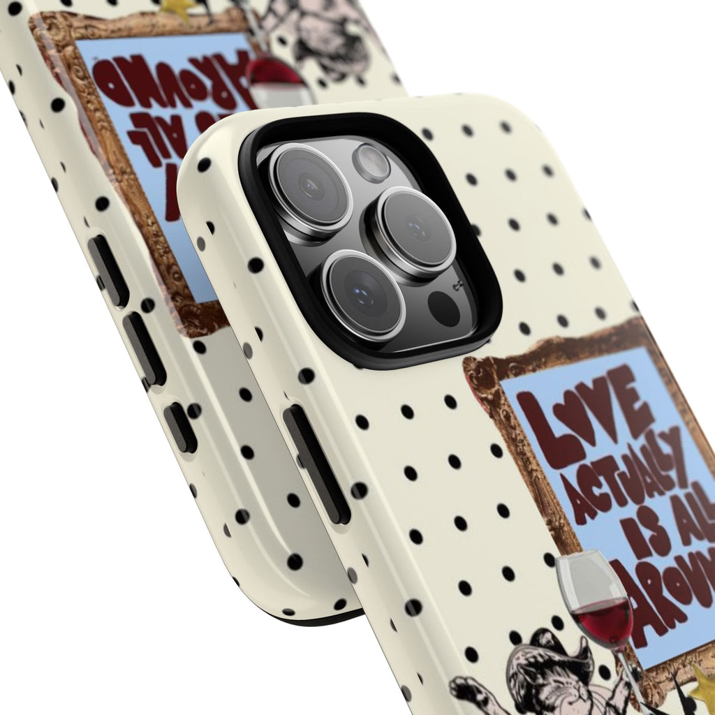 Angled phone case with black polka dots, “Love Actually is all around” artwork, side cutouts