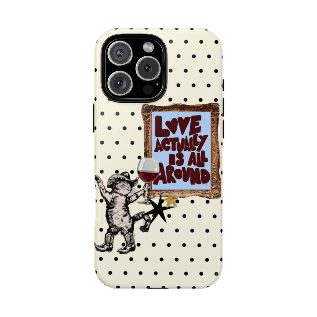 Phone case with white background, black polka dots, and “Love Actually is all around” text