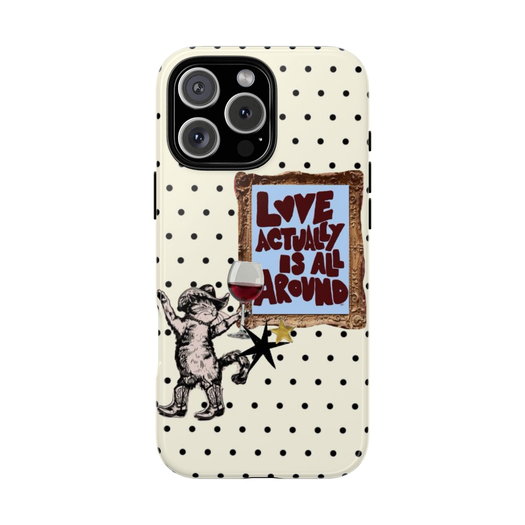 Phone case with white background, black polka dots, and “Love Actually is all around” text