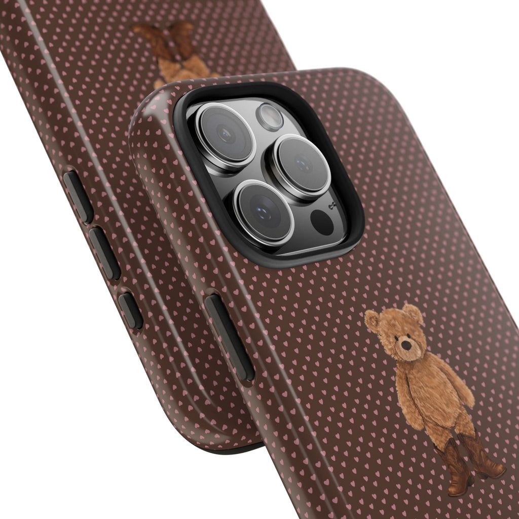 Heart-pattern phone case with teddy bear, side buttons, and raised camera cutouts