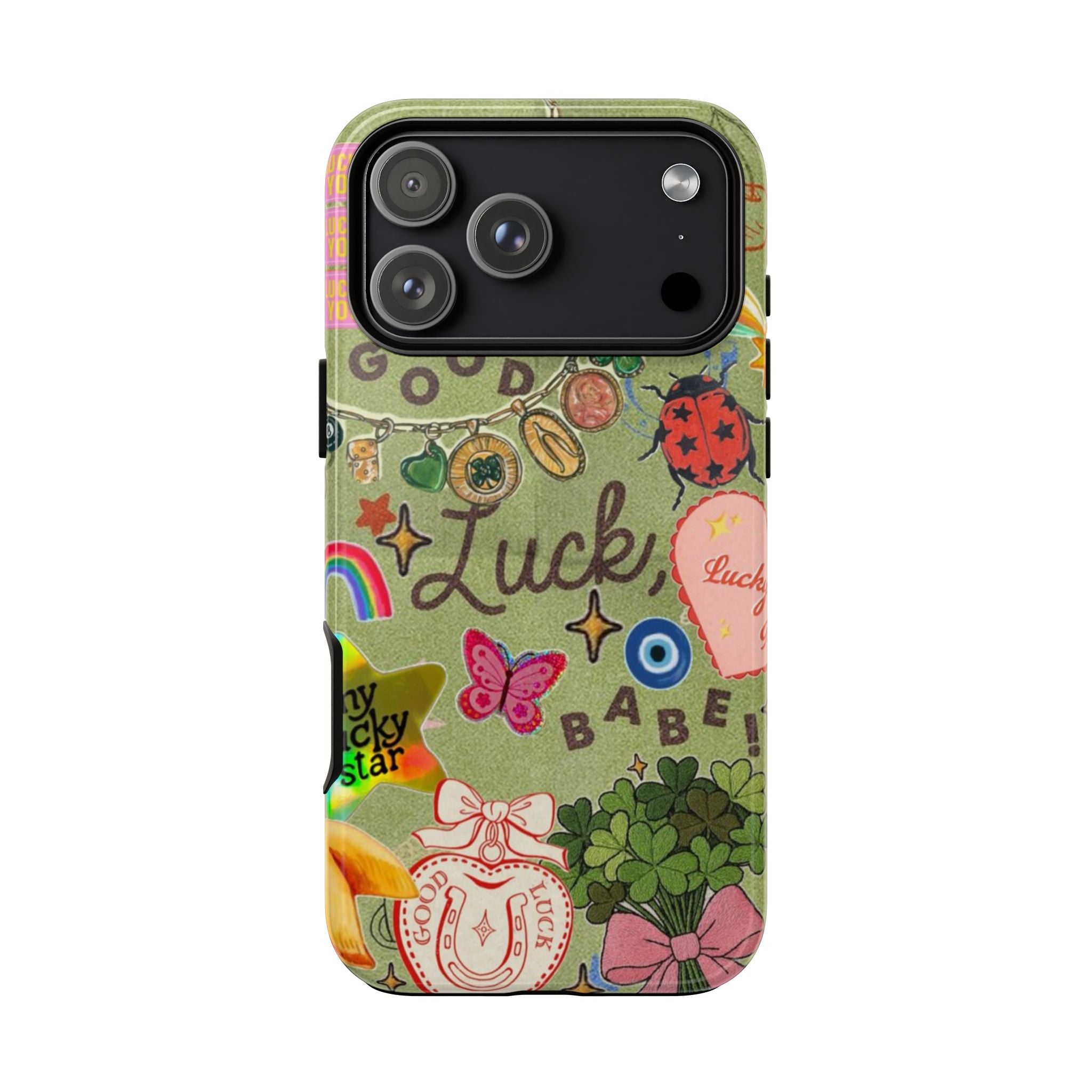 Front view of green Luck phone case with charm necklace, butterfly and clover artwork