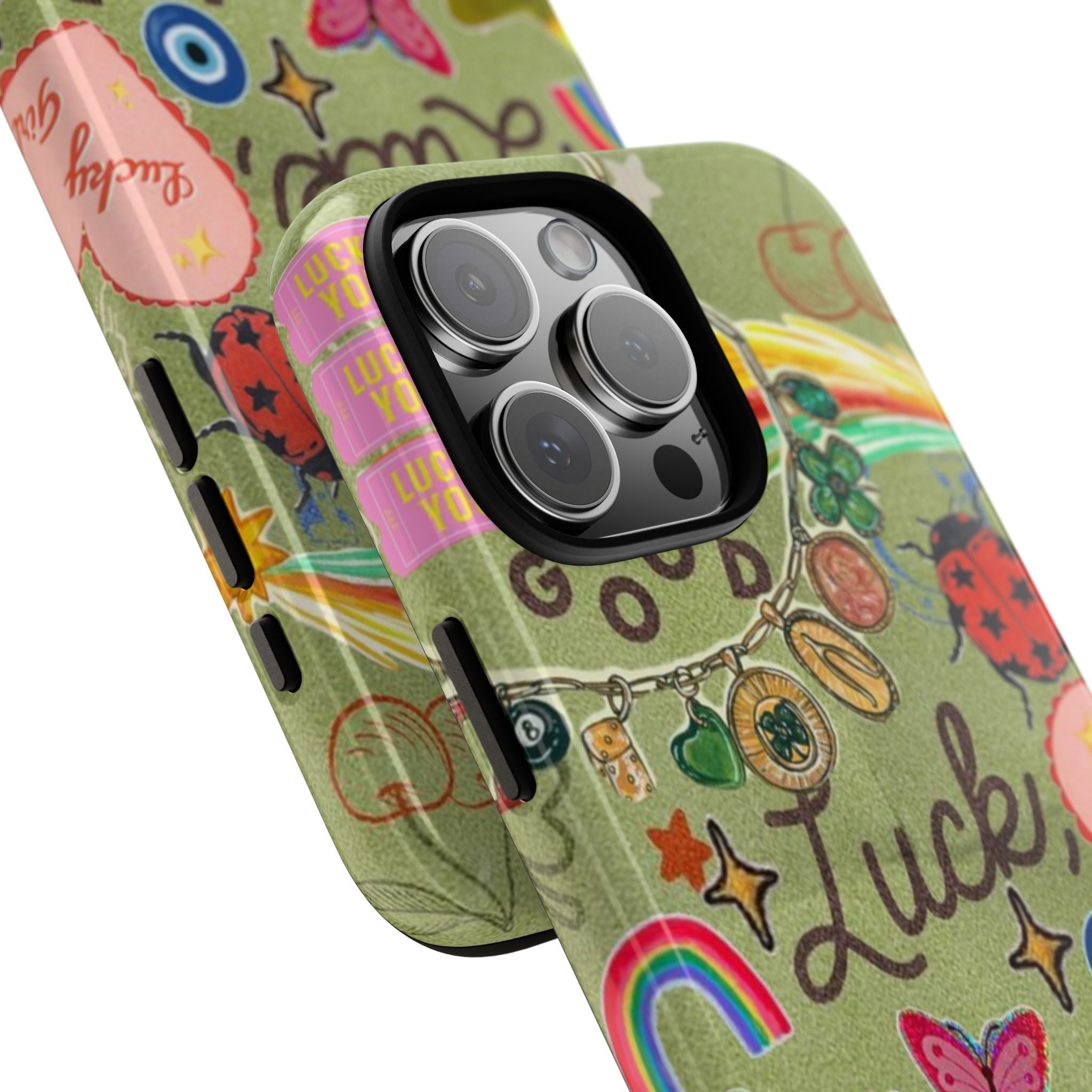 Green Luck phone case with rainbow and star charm print, showing raised camera cutouts