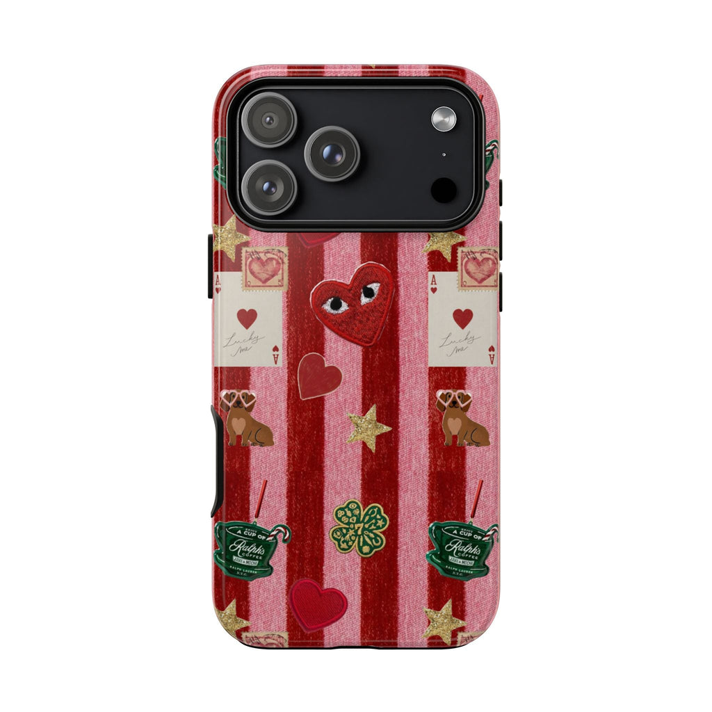 Pink velvet striped phone case with heart and star icons; raised bezel for camera