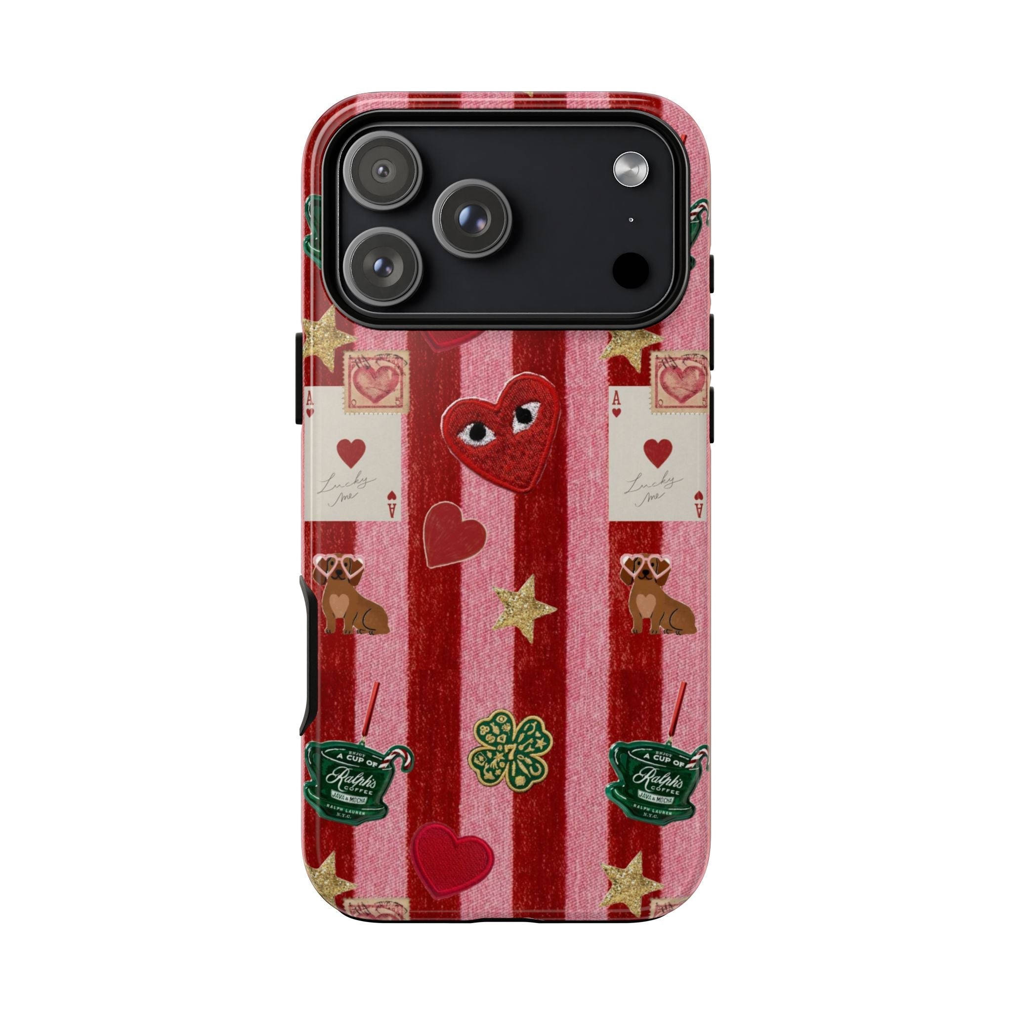 Pink velvet striped phone case with heart and star icons; raised bezel for camera