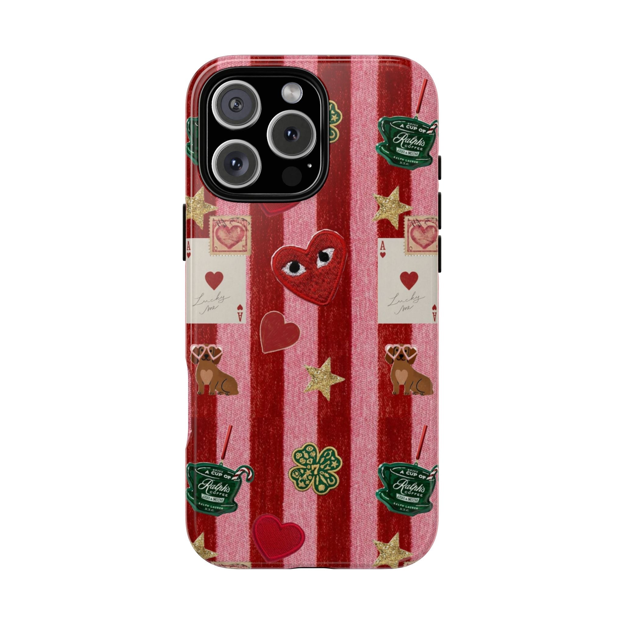 Pink velvet striped phone case with hearts and cards; cutout for triple camera