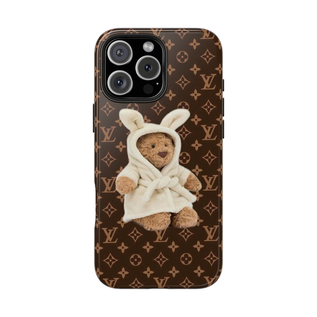 Teddy bear phone case with white hooded bear applique on dark brown LV monogram