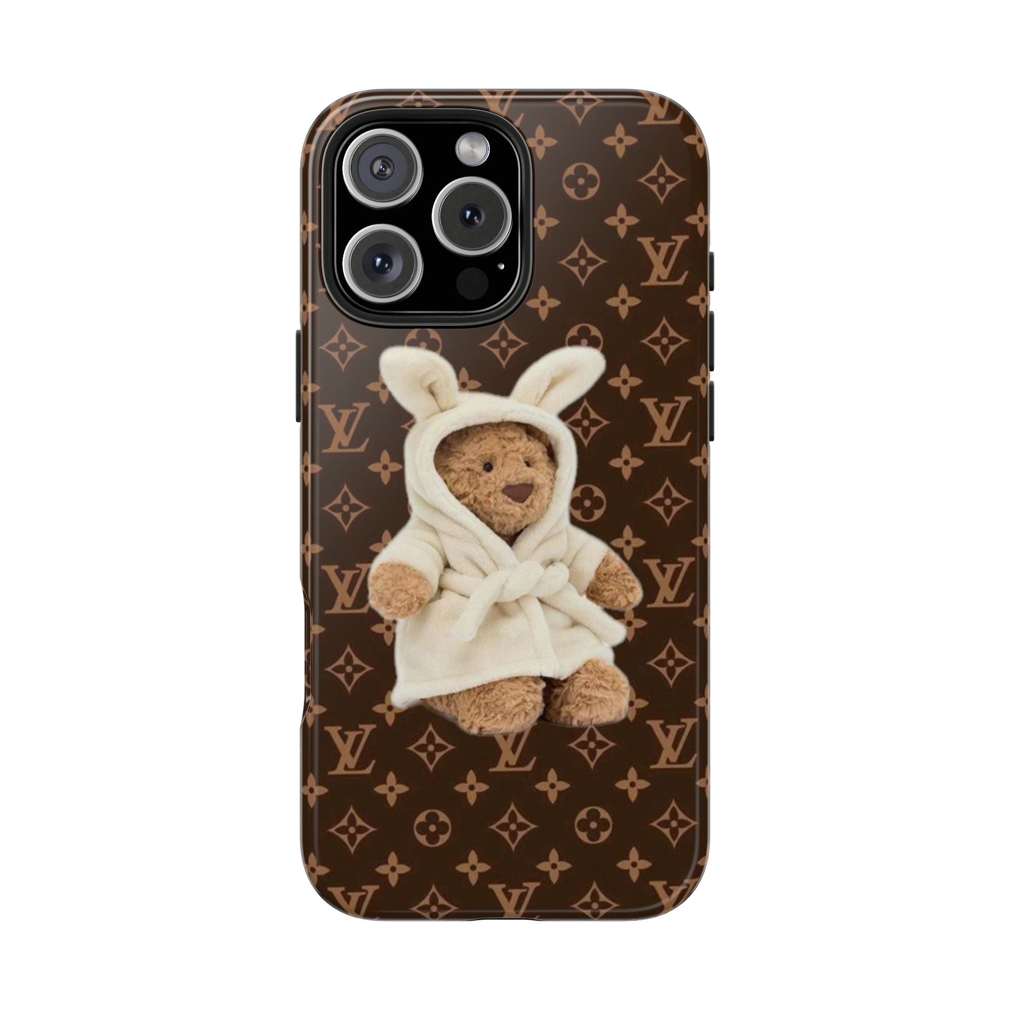 Teddy bear phone case with white hooded bear applique on dark brown LV monogram