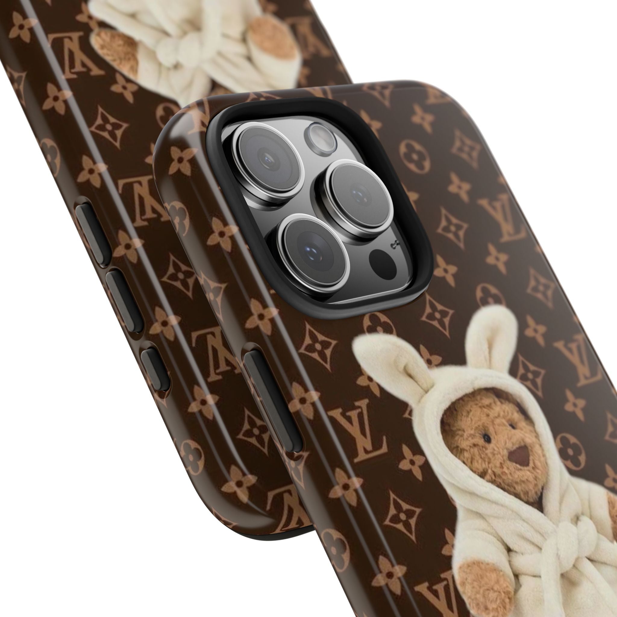 Teddy bear phone case showing side buttons and camera cutout, LV pattern with hooded bear