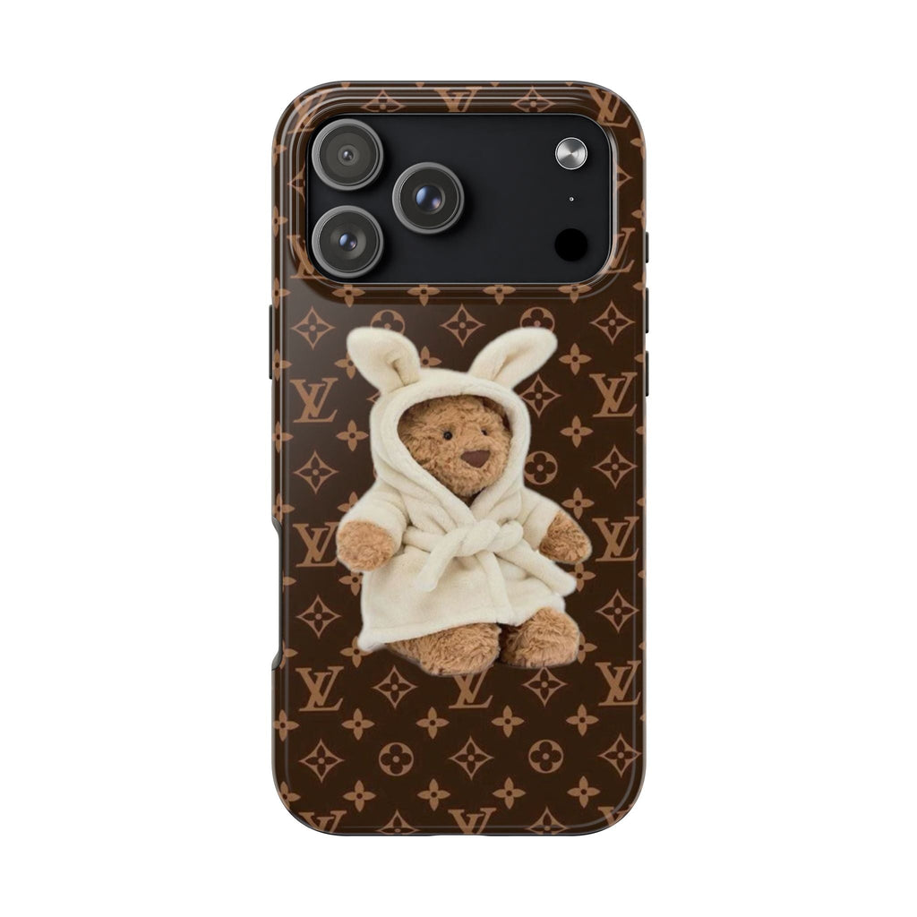 Teddy bear phone case with white hooded bear, LV monogram pattern on dark brown