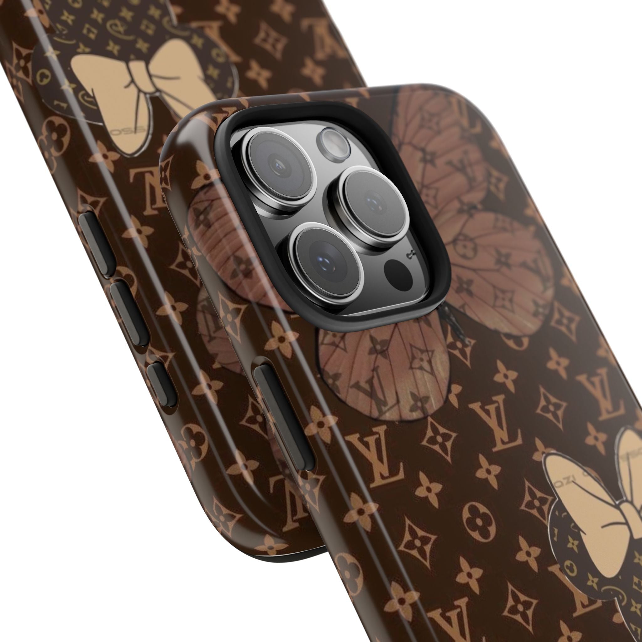 Brown LV monogram phone case corner view with bow graphic and heart pattern