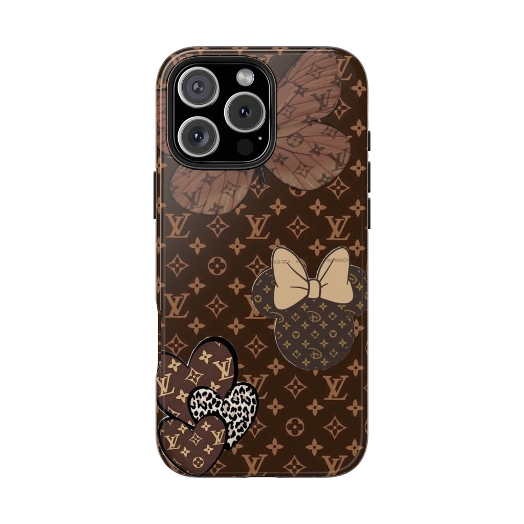 Brown LV monogram phone case with bow and heart accents, camera cutouts