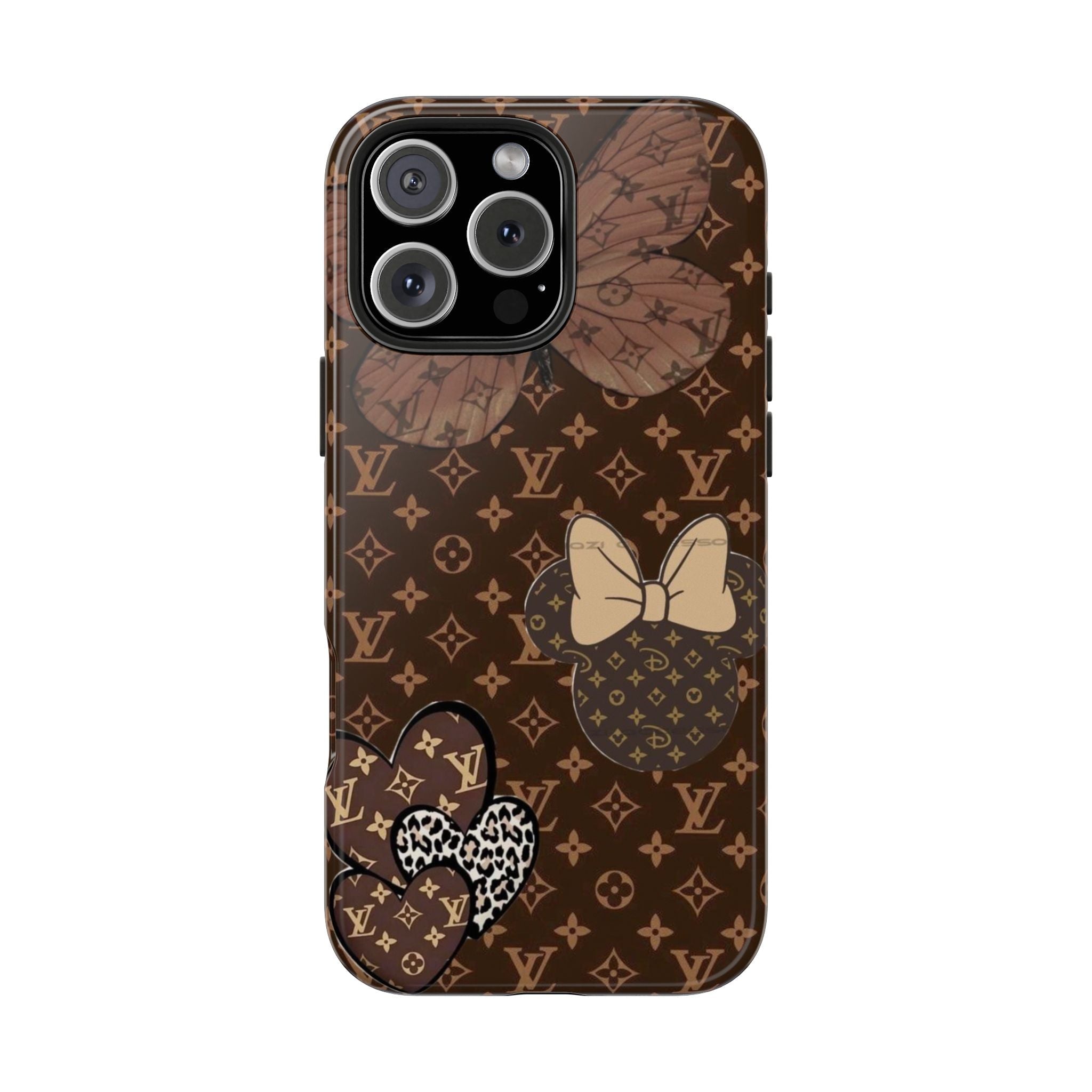 Brown LV monogram phone case with bow and heart accents, camera cutouts