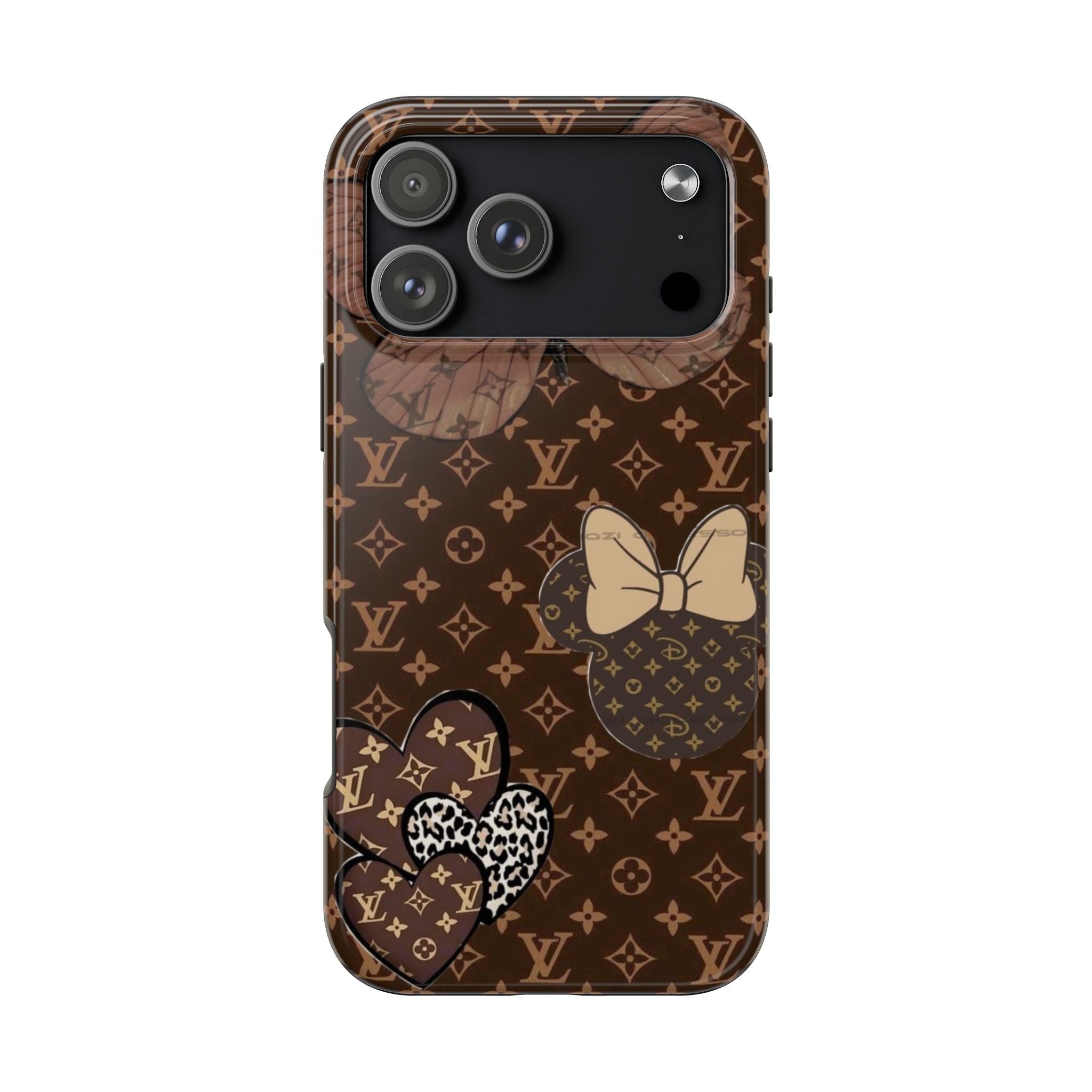 Brown LV monogram phone case with large bow and heart motifs, raised camera lenses