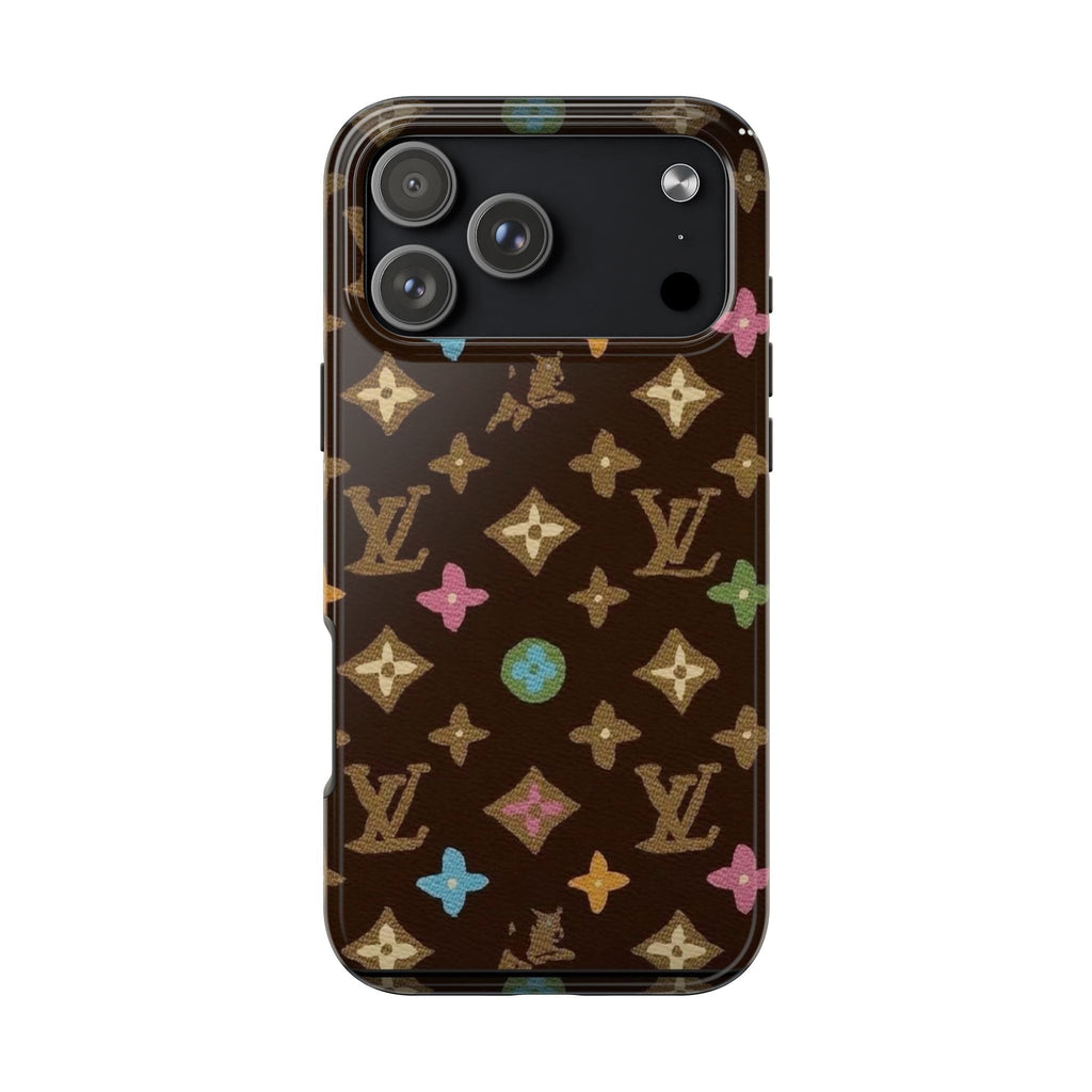 LV brown phone case with multicolor monogram star pattern, camera cutouts