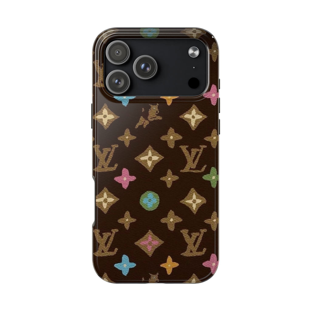 LV brown phone case with multicolor monogram star pattern, camera openings