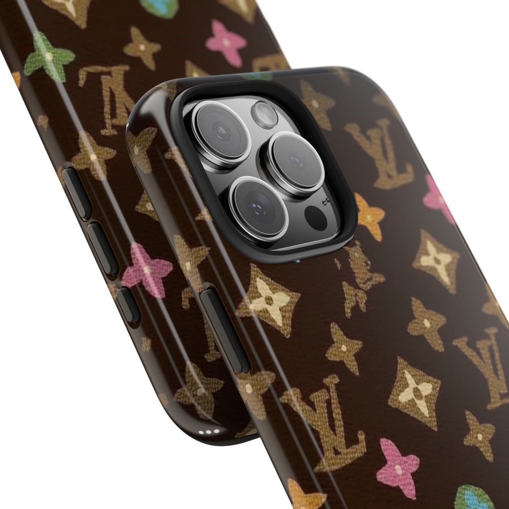 LV brown phone case with multicolor monogram star pattern, raised camera rings