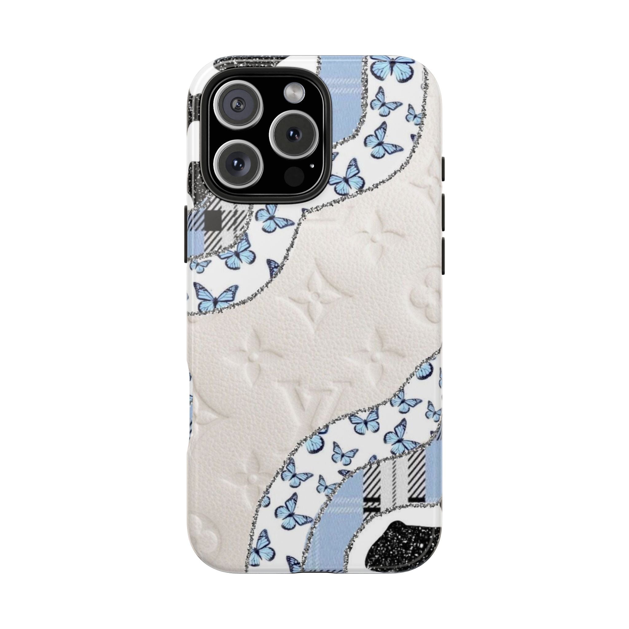 White butterfly collage phone case with blue accents, textured surface, side buttons visible