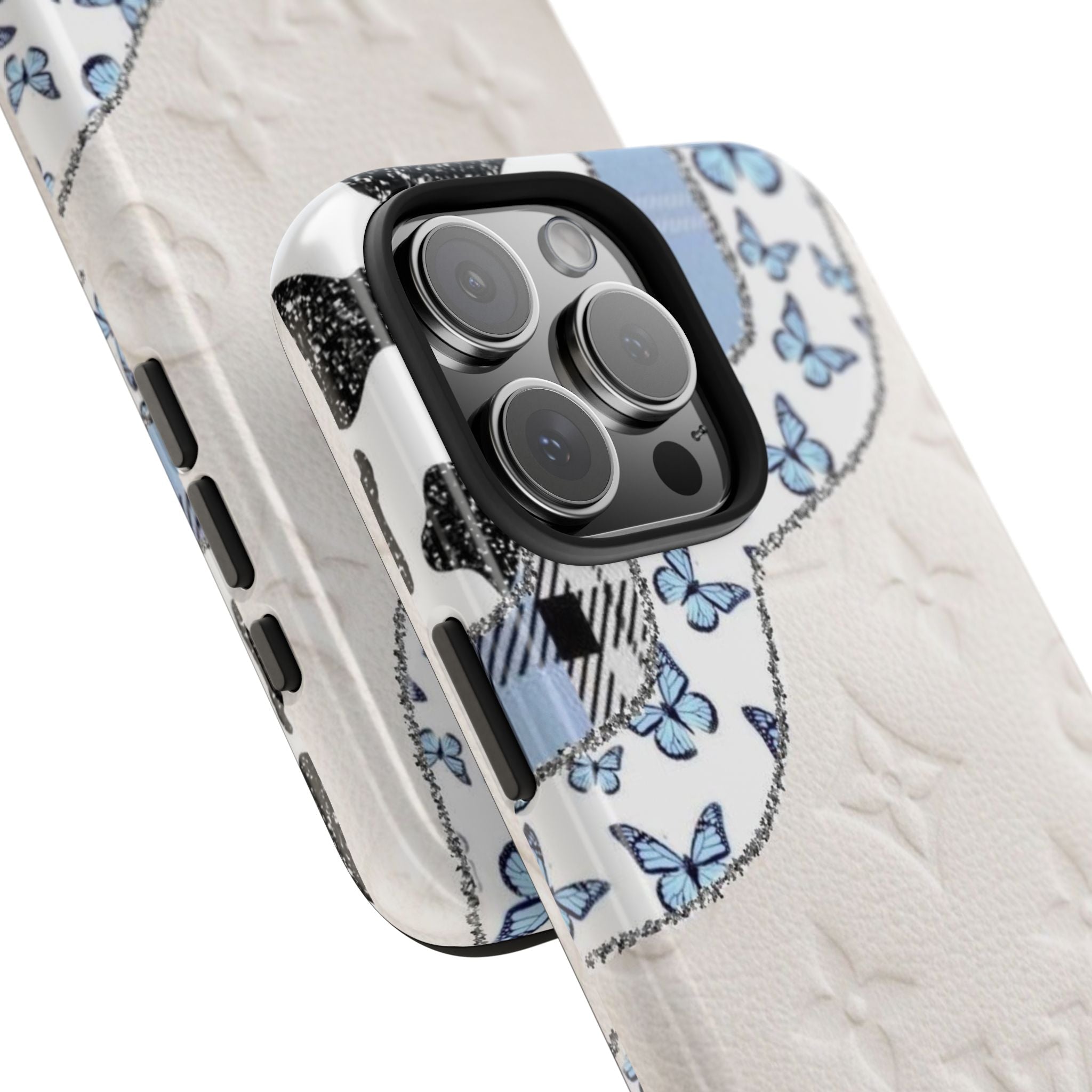 Close-up: White phone case with blue butterflies and stripes, camera lens covers