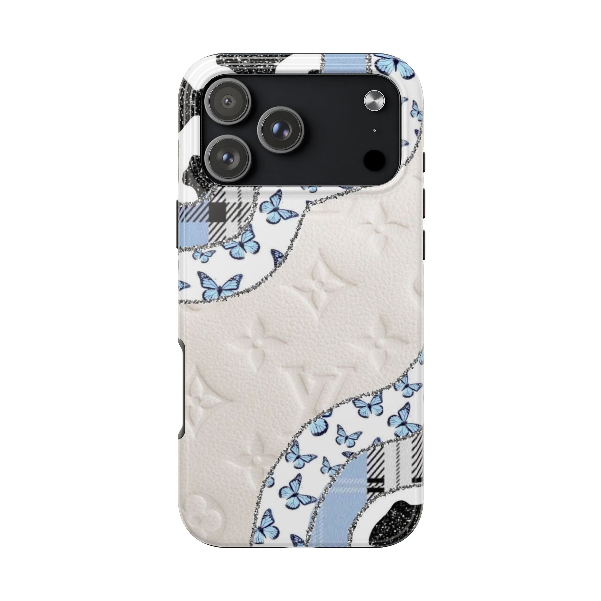 White phone case with blue butterfly collage, textured finish, camera cutouts