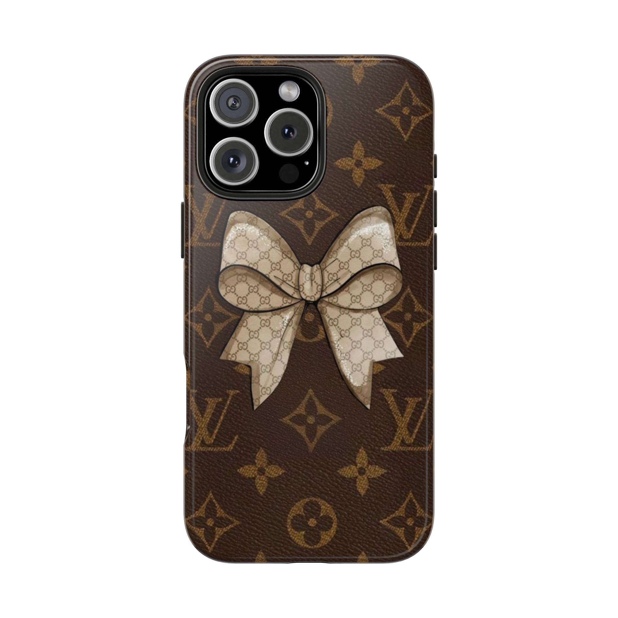 Brown monogram phone case with centered cream patterned bow on the back