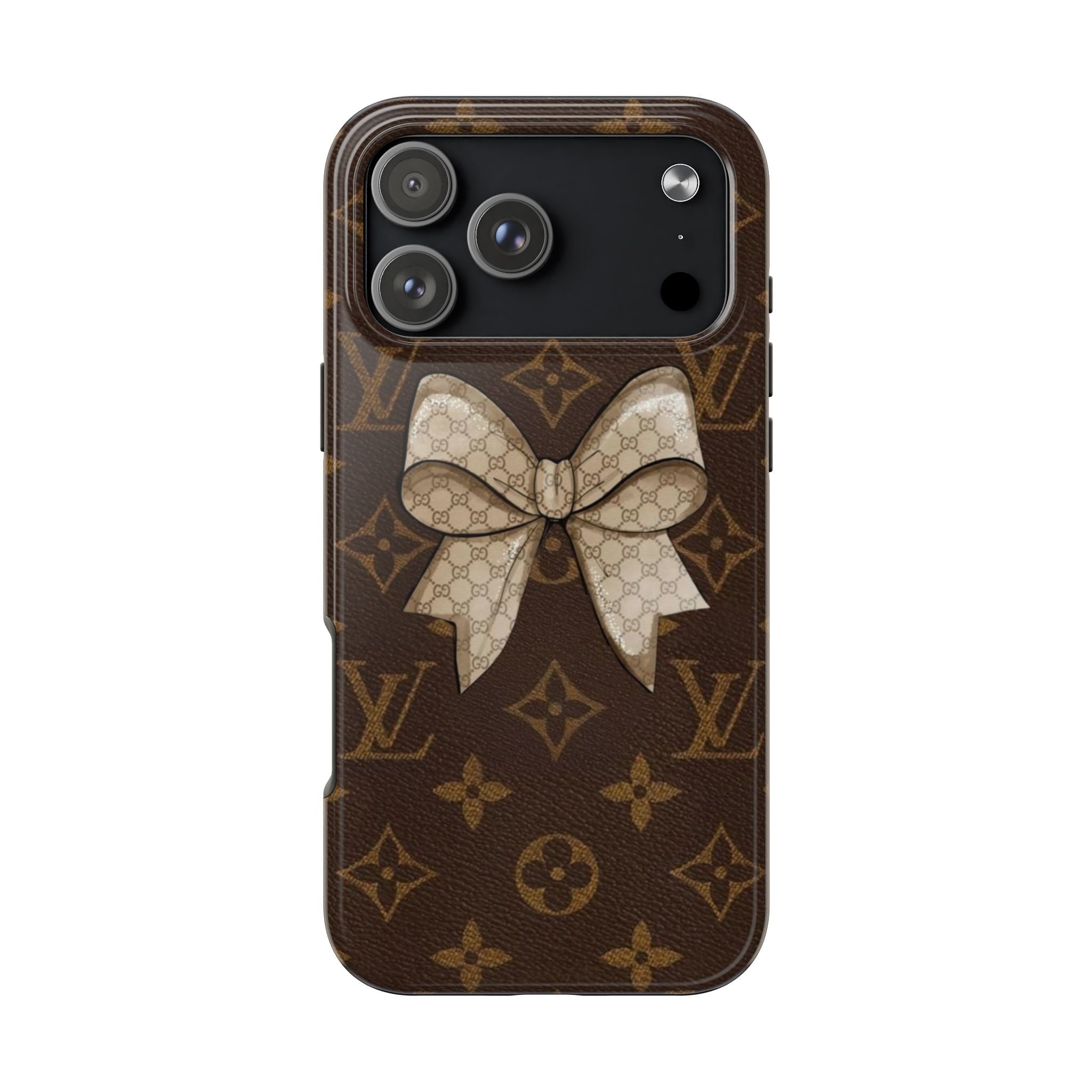 Brown monogram phone case with large cream bow and knot on the back