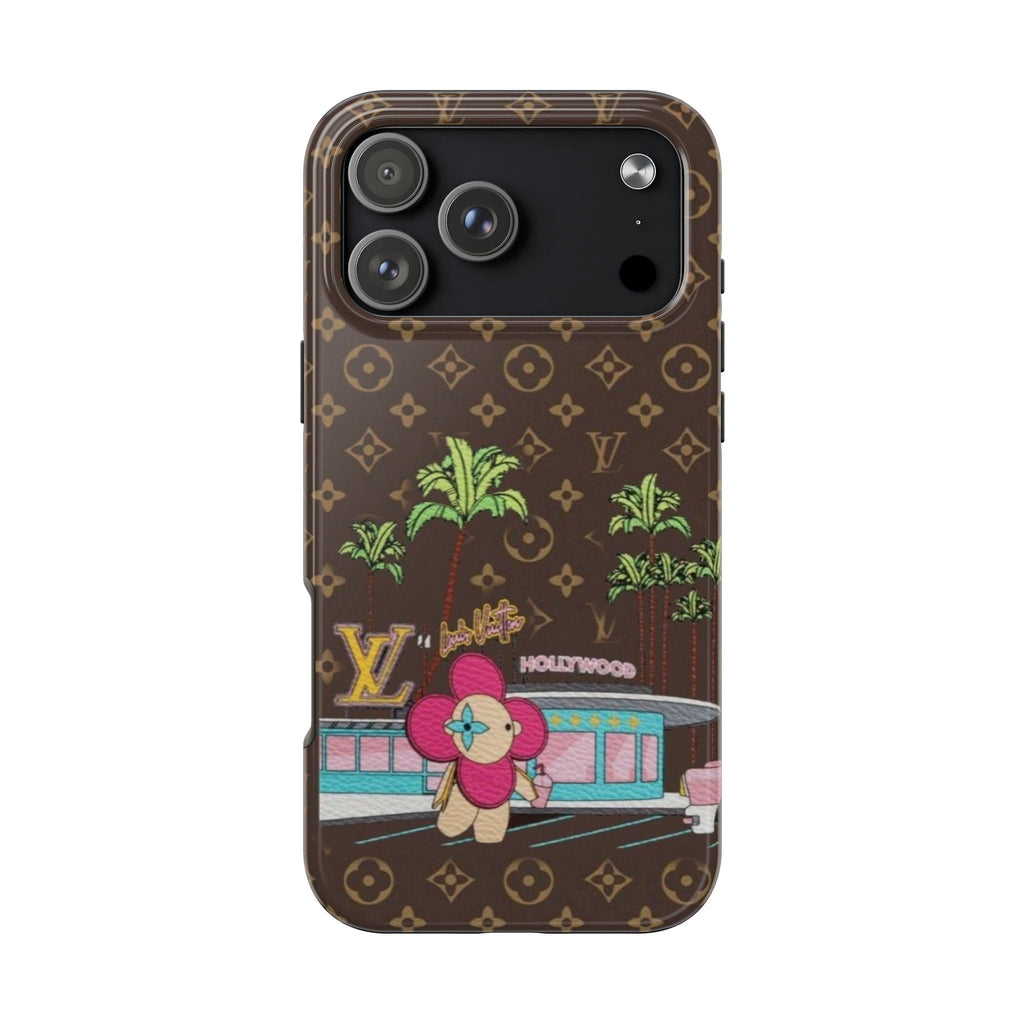 Brown LV monogram phone case with colorful Hollywood city illustration and character