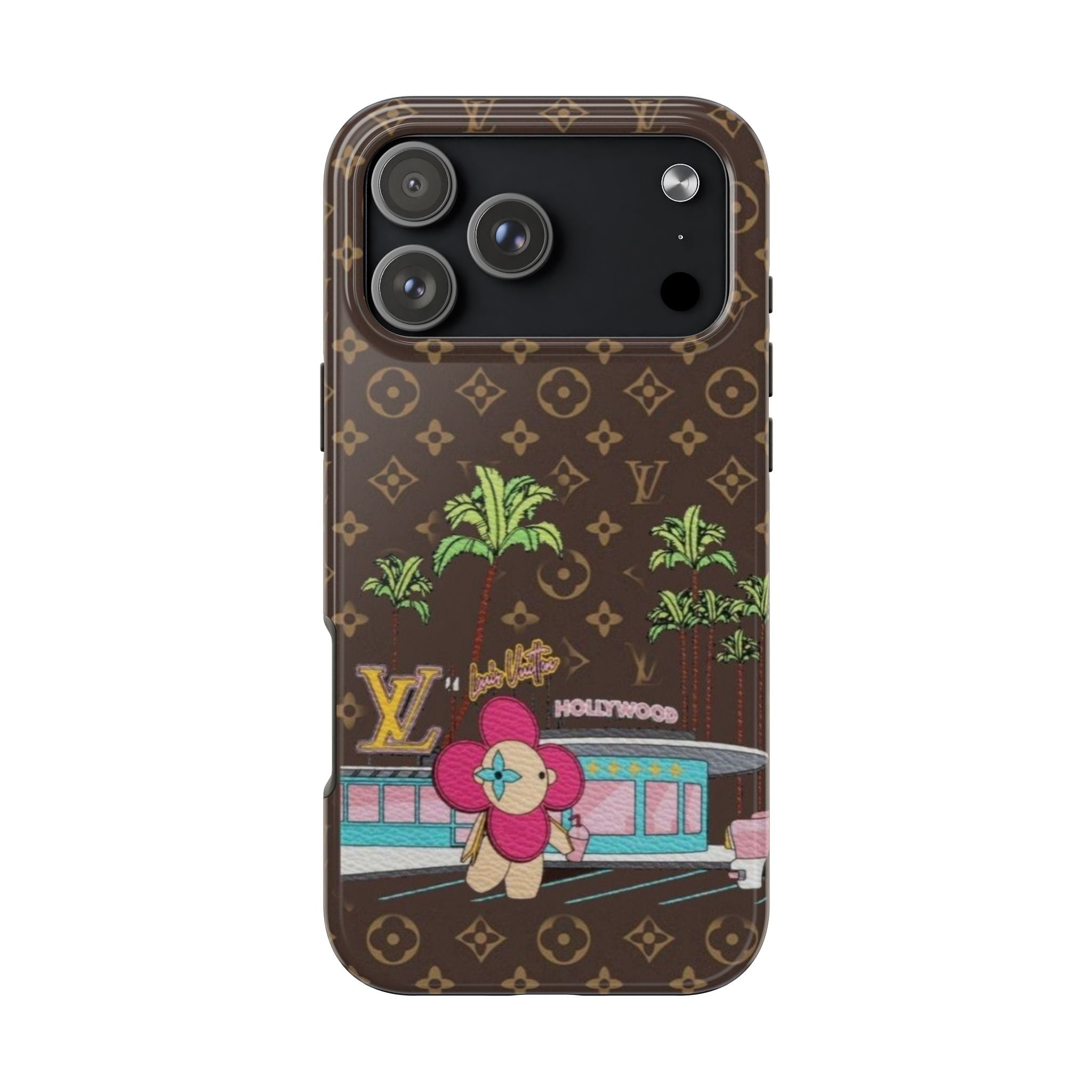 Brown LV monogram phone case with colorful Hollywood city illustration and character