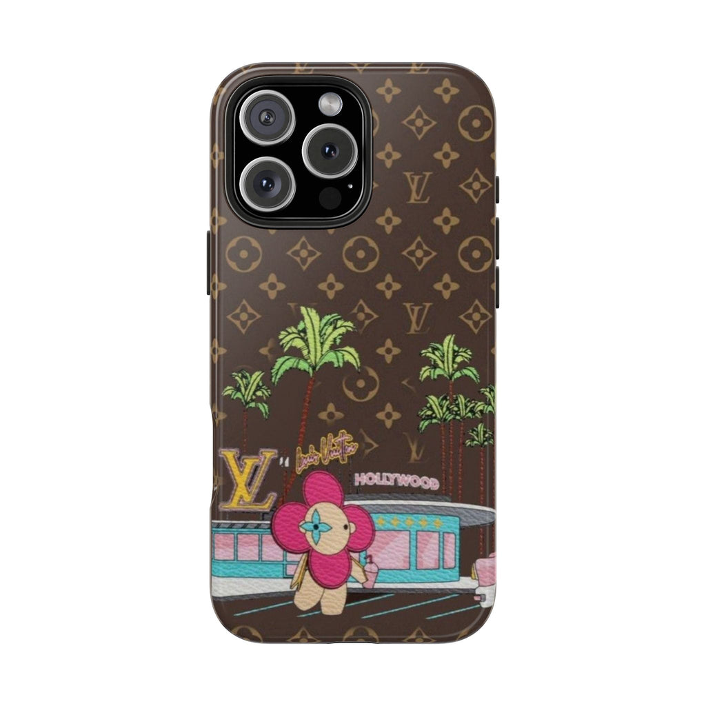 Brown LV monogram phone case with Hollywood character, palms, and building scene