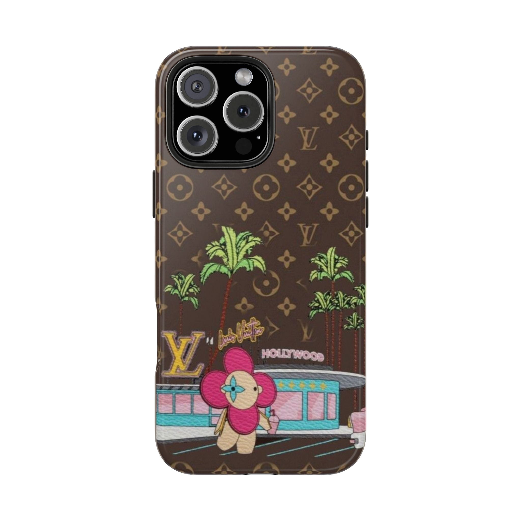 Brown LV monogram phone case with Hollywood character, palms, and building scene