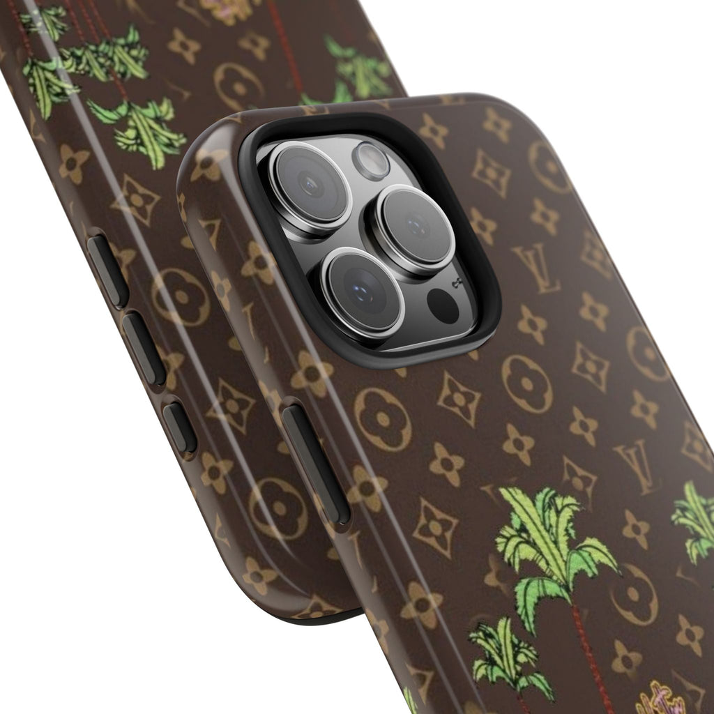 Brown LV monogram phone case with triple-camera cutouts and side button openings