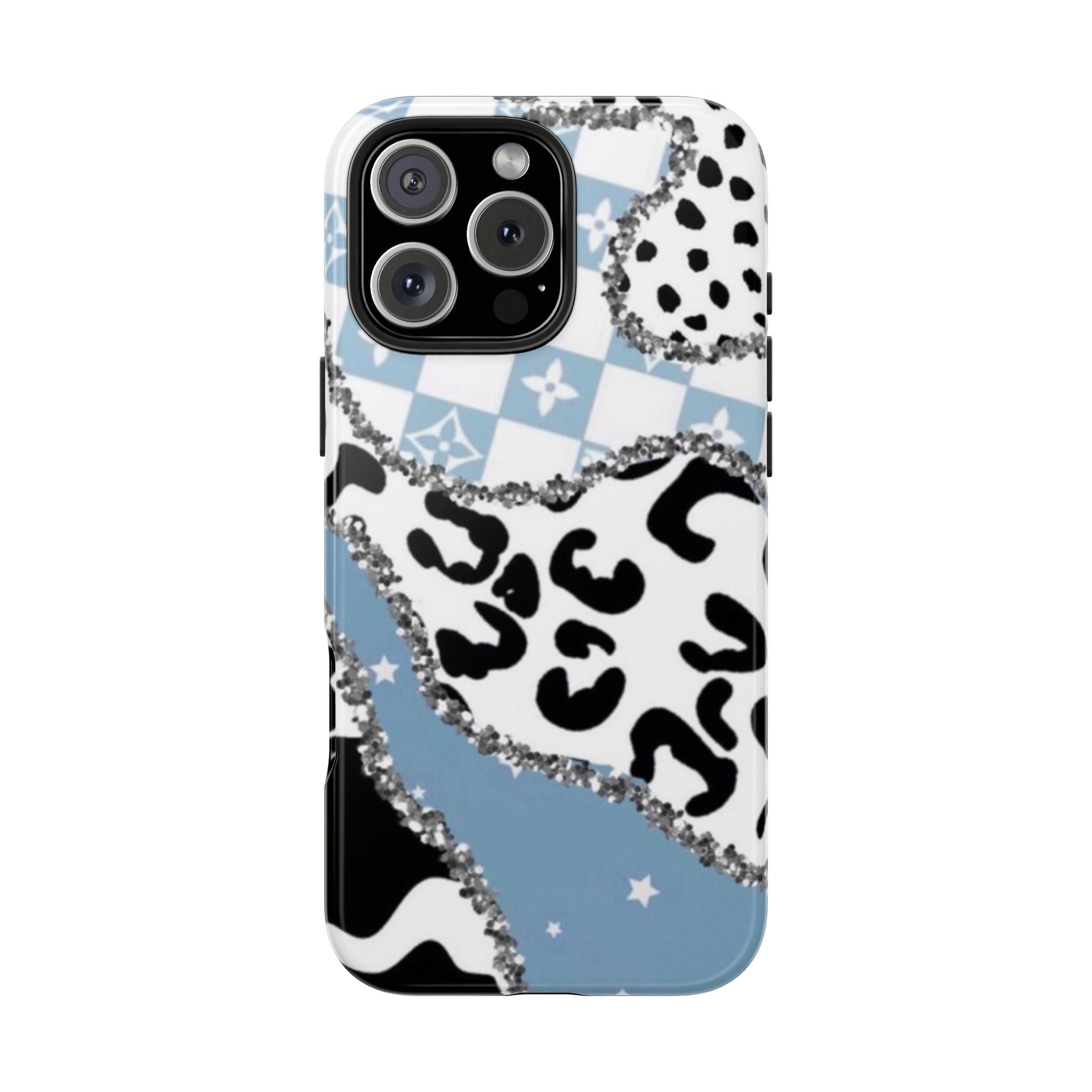 Icy blue phone case with black leopard print, star pattern, and rhinestone trim