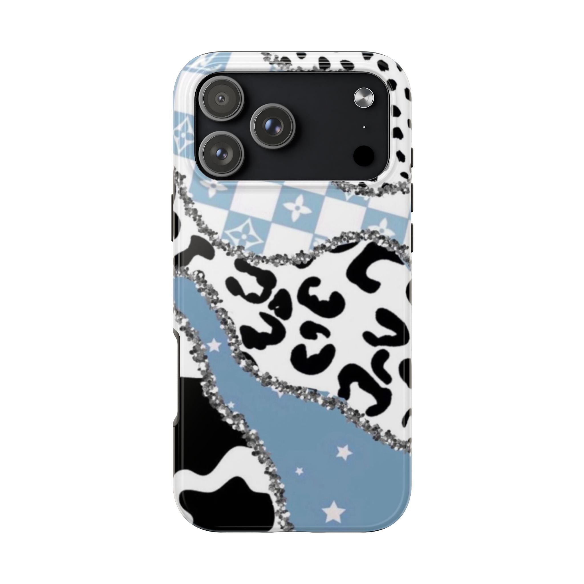 Icy blue and black leopard phone case with geometric tiles and sparkling rhinestone line